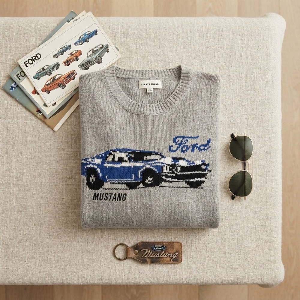 Lucky Brand Ford Mustang Sweater Mens XXL Oatmeal Blue Car Graphic Knit NWT